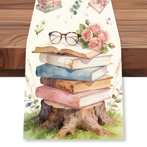 WADORN Runner da tavolo per feste a tema libro, 33 x 183 cm, decorazione da tavolo in biblioteca libro di fiabe rustico, arte stampata, lavabile in lavatrice, per casa, lettura, bomboniere, vacanze