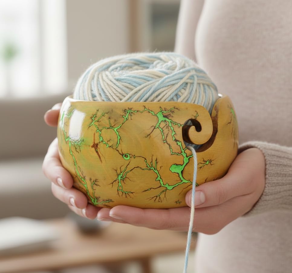 Image of Lichtenberg Figure Yarn Bowl - Handmade Wooden Yarn Bowl for Knitting Yarn Ball Holder - Yarn Bowls with Holes Crochet Bowl Holder - Yarn Storage Bowl 7 inch x 4 inch inches (Green-B)