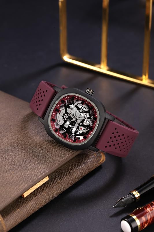 Image of London Fog Strand Collection Skeleton Style Quartz Watch for Men with Cushion Shaped Case, Date Display, Luminous Hands & Baton Hour Markers and Perforated Silicone Strap - LFM10026