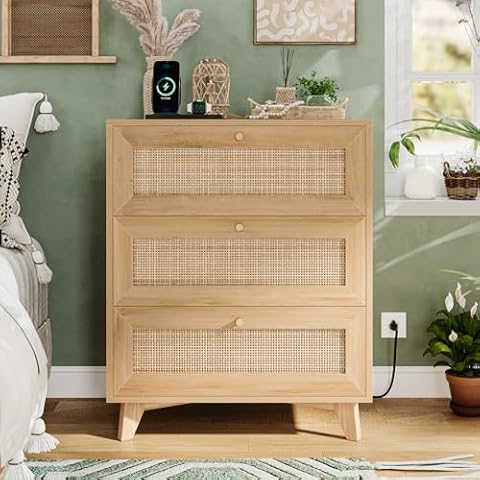VIAGDO Rattan Nightstand with Charging Station, Natural Rattan Night Stand with 3 Large Rattan Decorated Drawers, Boho Bedside Table, End Side Table, 3 Drawer Rattan Dresser for Bedroom Cover