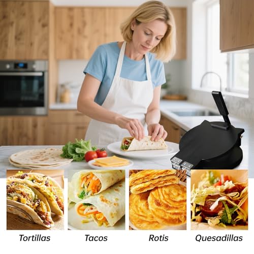Image of Wooden Tortilla Press - Quesadilla Maker 10 Inch with 50 Parchment Paper & Dough Cutter, Bamboo Prensa para Tortillas Mexican Aplastador de Tortillera Press for Burritos, Taco, Corn Tortillas(Black)