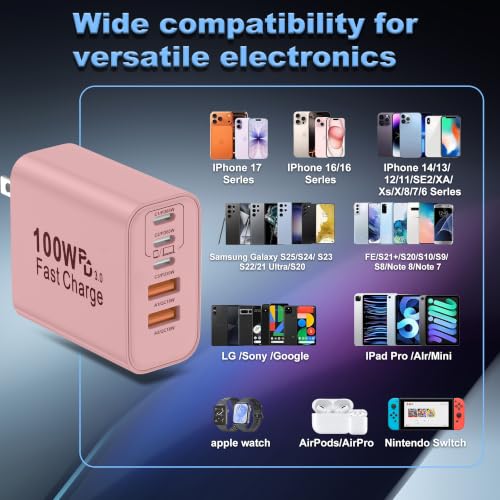 Image of USB C Charger Block, 2-Pack 100W 5-Port USB C Wall Charger iPhone Charger Fast Charging PD Power Adapter+QC Wall Plug Multiport Type C Brick Chargers for iPhone 17 16 15 14 13 Pro Max,Samsung,MacBook