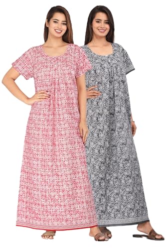 Image of Kuruti B Sheets Nighty for Women Cotton Combo (Pack of 2 Pcs) Nighty Gown Round Neck Short Sleeves Free Size