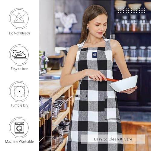 Image of Encasa XO Cotton Cooking kitchen Apron for Women and Men chef apron With adjustable neckstrap, Pocket & Towel Holder for Easy cooking, Baking, BBQ, Gardening- Buffalo Black Checks, 68x85 cm