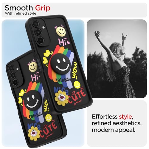 Image of Pikkme Back Cover for Samsung Galaxy M15 / F15 / M15 5G Prime | Soft Silicone| Cute Rainbow Smile & 3D Cartoon Flower Design | Shockproof Raised Camera Protection Bumper Case (Black)