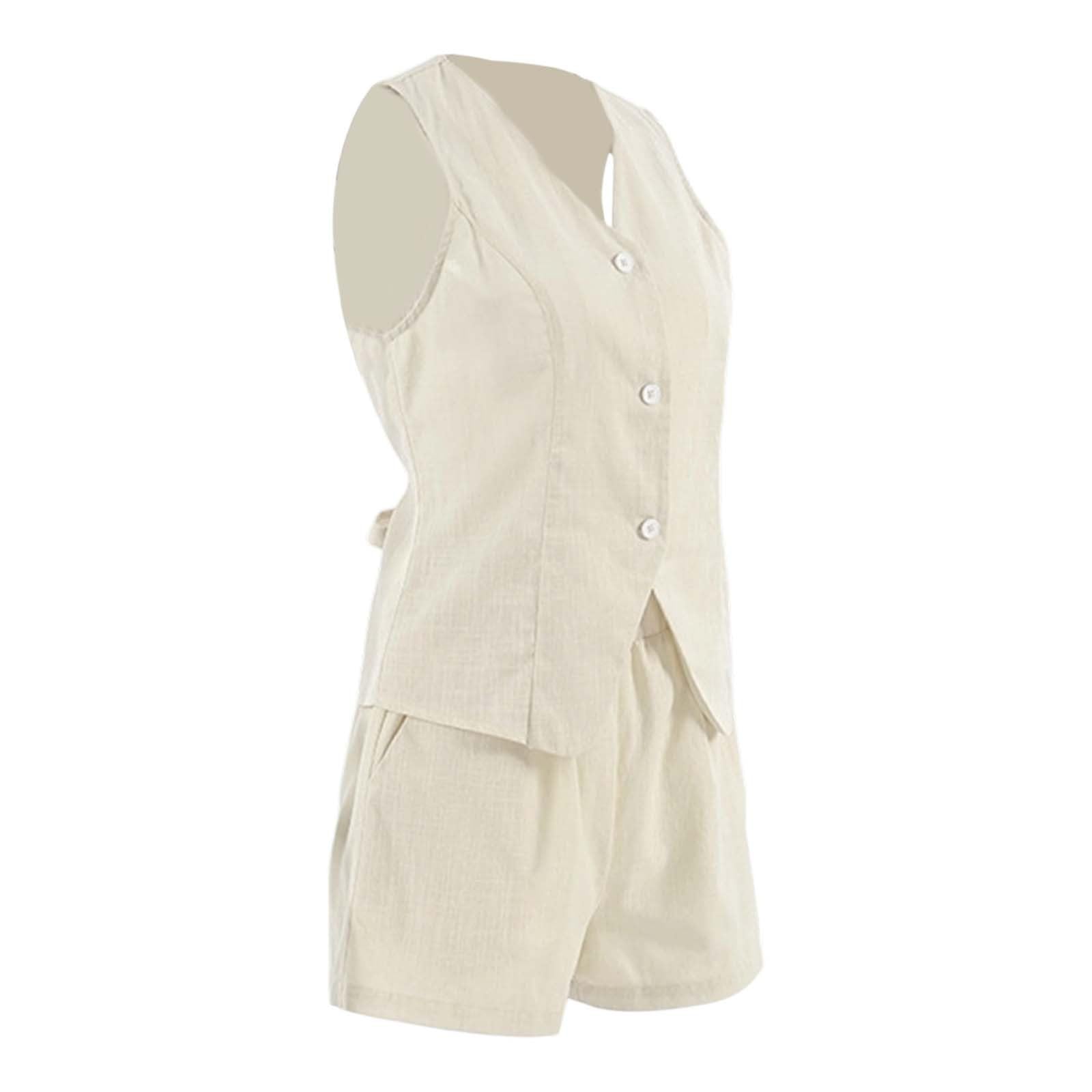 Générique sans manches en lin avec col en V boutonné pour femme Beige S ou M ensemble femme pantalon et haut fluide