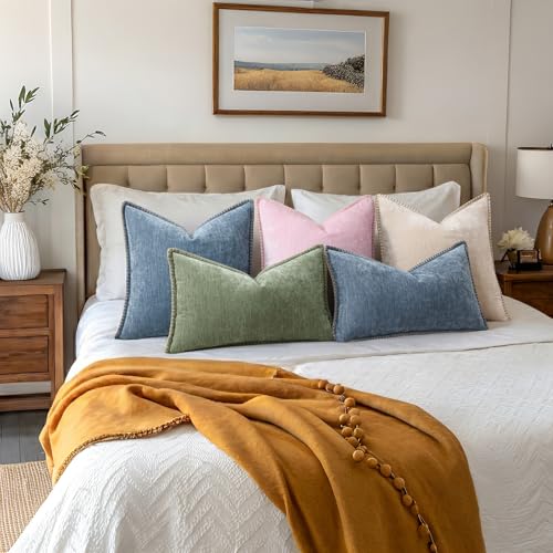 Image of decorUhome Fall Chenille Soft Throw Pillow Covers 24x24 Set of 2, Farmhouse Velvet Neutral Decorative Euro Sham Pillow Covers with Stitched Edge for Couch Sofa Bed Home Decor, Haze Blue