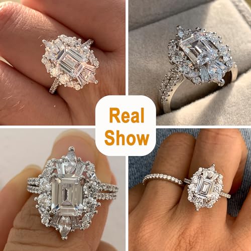 Vintage Emerald Cut Wedding Ring Set for Her Engagement Rings for Women 925 Sterling Silver Cubic Zirconia Cz Promise Anniversary Band Size 5-102