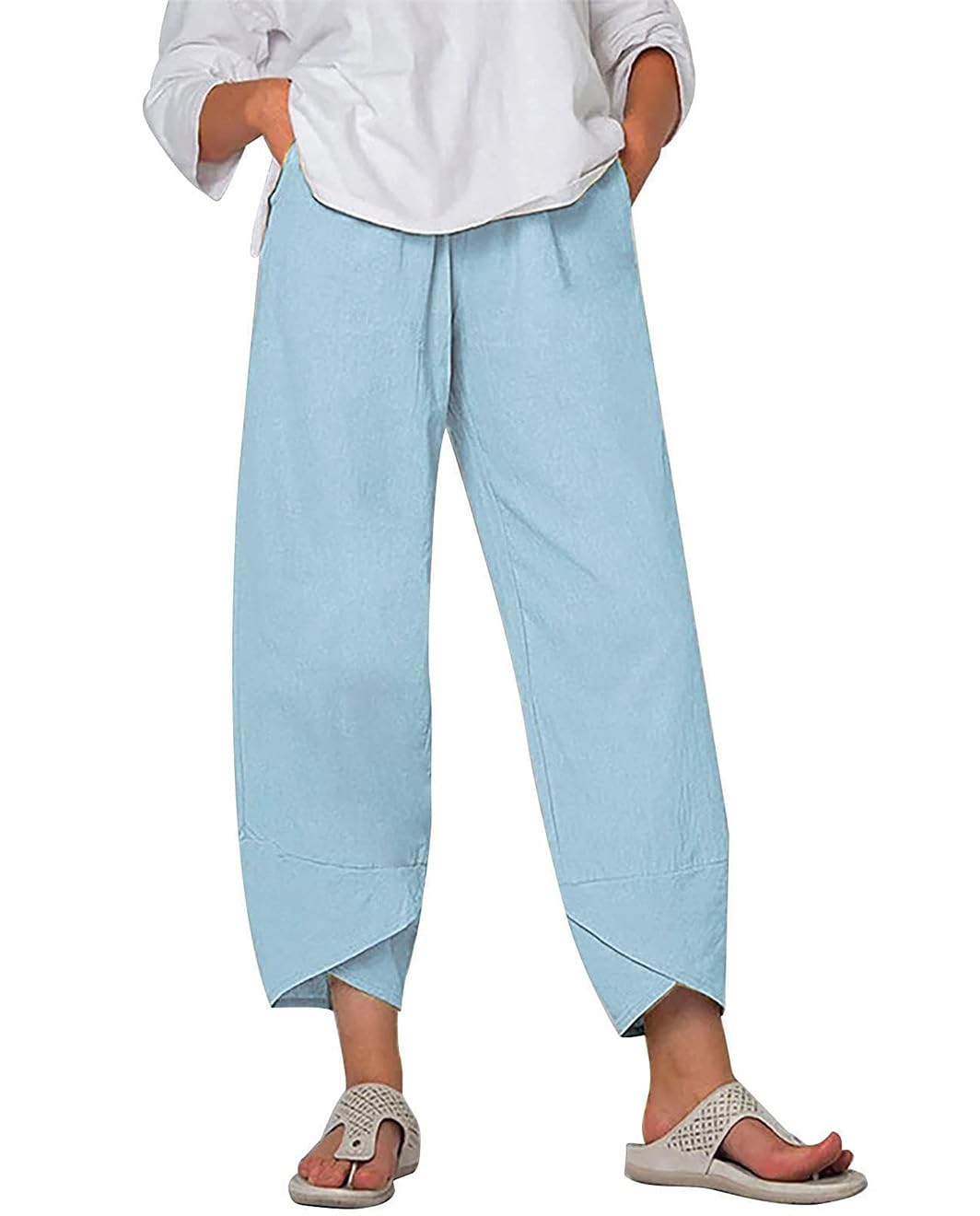 BIVENANT Cotton Linen Pants for Women Wide Leg Elastic Waist Capri Pant Casual Loose Palazzo Cropped Trousers with Pockets