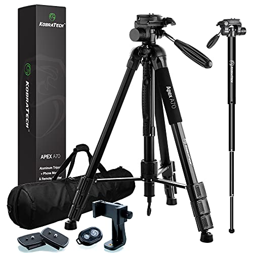 KobraTech 70" Tripod for Camera and Phone - Apex A70 Camera Tripod – Phone Tripod Stand with Bluetooth Remote Shutter, Phone Tripod Mount & Monopod