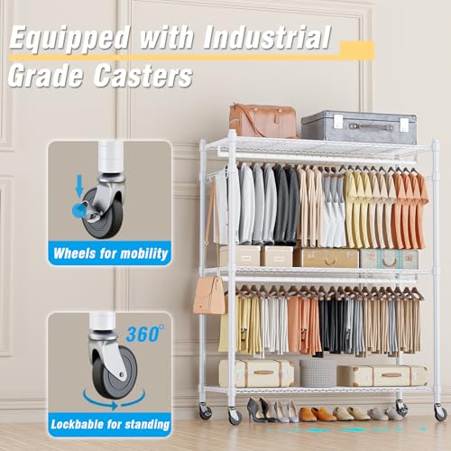 Image of Homdox 3 Tier Garment Rack with Wheels, Portable Closets for Hanging Clothes Heavy Duty, Closet Racks and Shelving with Double Hanger Rods & Side Hooks, White