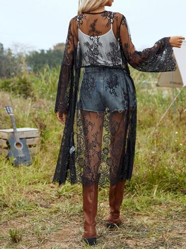 MakeMeChic Women's Floral Lace Kimono Lightweight Cardigan Sheer See Through Bathing Suit Cover Up Bikini Beachwear Swimsuit2