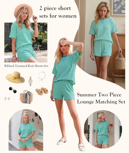 Image of MARZXIN Women 2 Piece Shorts Set 2026 Casual Summer Cruise Outfits Ribbed Loose Short Sleeve Pocket Matching Lounge Sets