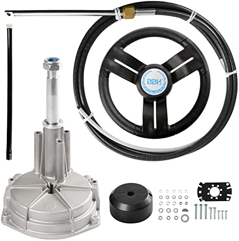 BBH New Outboard Steering System Mechanical Boat Rotary Steering Kit with 12 Feet Outboard Steering Cable,3/4 Tapered Shaft,13.5 Inch Wheel,Turbine Steering System