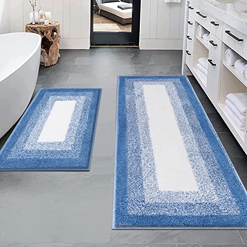 Bsmathom 2 Piece Bathroom Rugs Bath Mat Set, Non Slip Bathroom Rug, Soft Plus Absorbent Bath Mats With Rubber Backing, Machine Washable Bath Rugs For Bathroom Floor Mat(18" X 26" Plus 18" X 48", Blue) #TOP19
