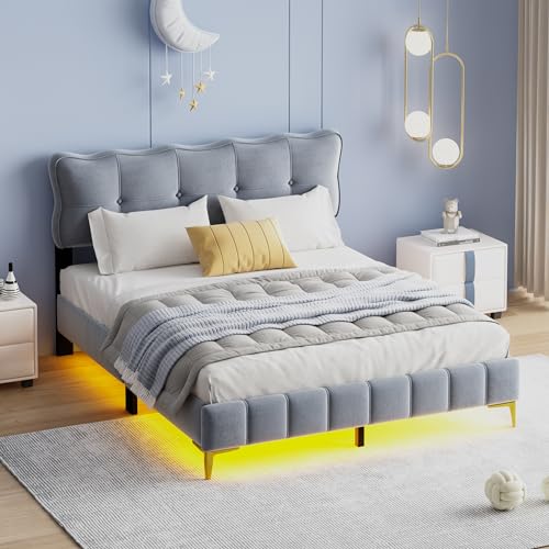 Moimhear Letto imbottito 160 x 200 cm, letto matrimoniale con luci a LED, letto per ragazzi con schienale con rete a doghe in velluto, piedini in metallo alti (grigio, 160 x 200 cm)