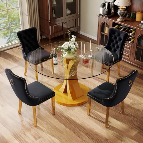 Image of 5-Piece Dining Table Set with 47In Tempered Glass Table and 4 Velvet Upholstered Chairs, Modern Scandinavian Furniture for Dining Room Kitchen(Black&Gold)