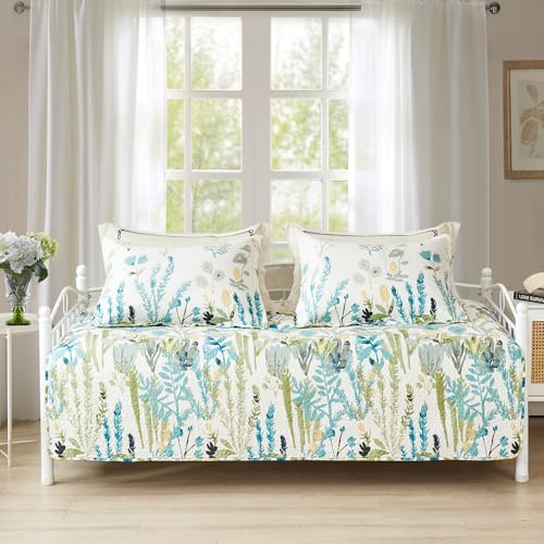 Image of Twin Daybed Cover Set Floral Daybed Bedding 3 Piece Reversible Cozy Day Bed Cover Double Sided Quilting Bedding Green Flower DayBed Comforter Set All Season for Twin Bed with 2 Standard Shams,39 inchx75 inch