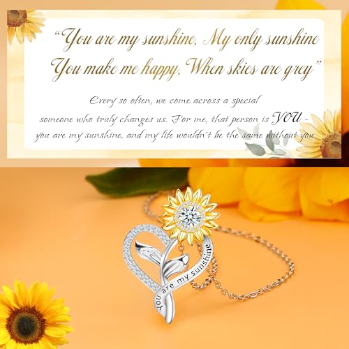 You Are My Sunshine Necklace, Sterling Silver Sunflower Necklaces for Women Anniversary Present for Wife as Sunflower Jewelry Birthday Gifts, Moissanite Heart Pendant for Her4