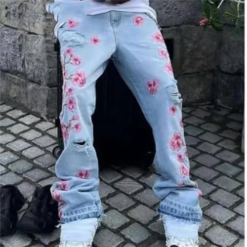 Men’s Light Blue Embroidered Streetwear Jeans - Straight Leg Ripped Graphic2