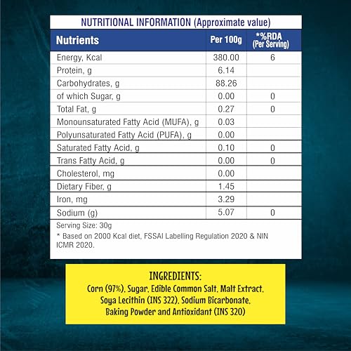Image of 8AM Corn Flakes 500 Gram, No Added Sugar, 97% Corn, 99% Fat Free, No Cholesterol, Trans Fat, Artificial Additives, Vitamins B1, B2, B3, B6, B9, Iron, Calcium, Breakfast Cereal
