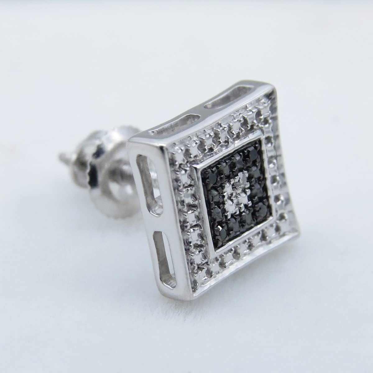 Dazzlingrock Collection 0.03 Carat Round Black & White Diamond 8mm Square Micro Pave Hip Hop Stud Earring (1Pc Only), Unisex Design Ladies, Mens Real Diamond Earrings