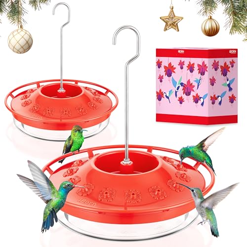 iBorn Hummingbird Feeders for Outdoors Hanging,Bee Proof Hummingbird Feeder with 14 Feeding Ports,13 OZ Saucer Humming Bird Feeders with Ant Moat,Ant Proof No Leak,Easy to Clean and Refill,2 Pack,Red