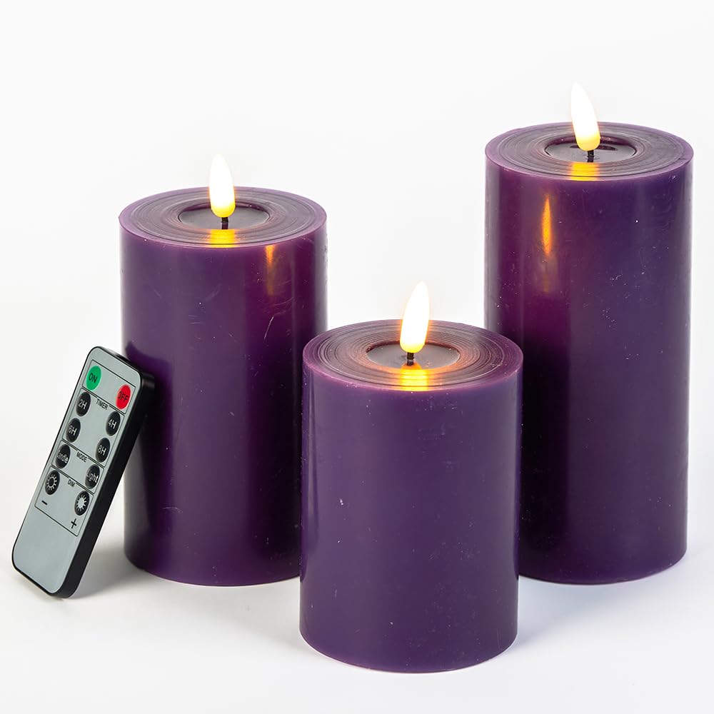 glowiu Purple Flameless Candles Battery Operated with Remote (D3 x H 4