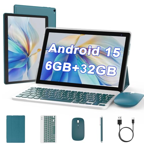 Image of Android 15 Tablet 10 inch, 2 in 1 Tablet with Keyboard, 6GB RAM+32GB ROM Support 1TB Expandable Tablets PC, Quad-Core CPU, HD Screen, BT, WiFi, Long Battery Life Tablets with Case Mouse Stylus, Navy