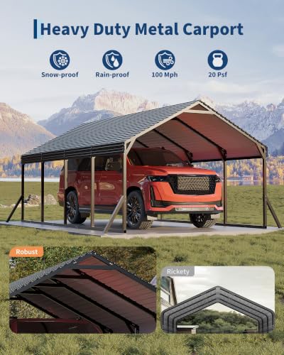 Image of GarveeLife 12x20x9 ft Metal Carport, Steel Car Port | Reinforced Frame / Regular Roof / All-Weather Use / Permanent Shelter for Pickups, Sedans, SUVs, or Boats