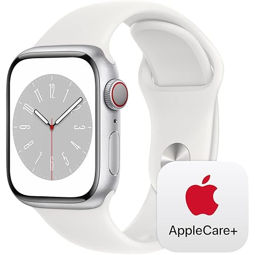 Apple Watch Series 8 GPS + Cellular 41mm Silver Aluminium Case with White Sport Band - S/M with AppleCare+ (2 Years)