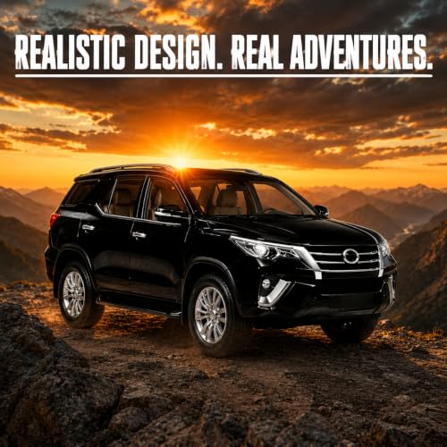Image of 1:32 Scale Black Fortuner Die Cast Metal Pull Back Toy Car with Openable Doors Lights and Sound Realistic 4x4 SUV Miniature Model Vehicle Collectible Gift for Kids Boys Girls Durable Premium Toy Car