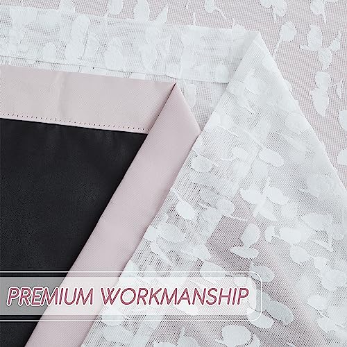 Image of Mix Matched Pink Full Blackout & Sheer Leaf Lace Curtains 52 inchWx63 inchL 4Panels | White Lace Sheer Leaf & Pink Blackout Combo Set, 2 Blackout+2 Sheer Panels, 4-Piece Set, Mix and Match Style Grommet Top