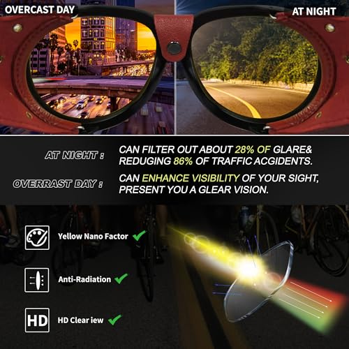 FEISEDY Steampunk Sunglasses Women Men，Polarized Yellow Lens, Retro Round Vintage Frame Leatherwear B01593