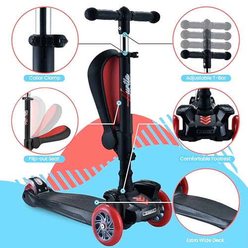 Image of Hurtle 3-Wheeled Scooter for Kids - Wheel LED Lights, Adjustable Lean-to-Steer Handlebar, and Foldable Seat - Sit or Stand Ride with Brake for Boys and Girls Ages 1-14 Years Old