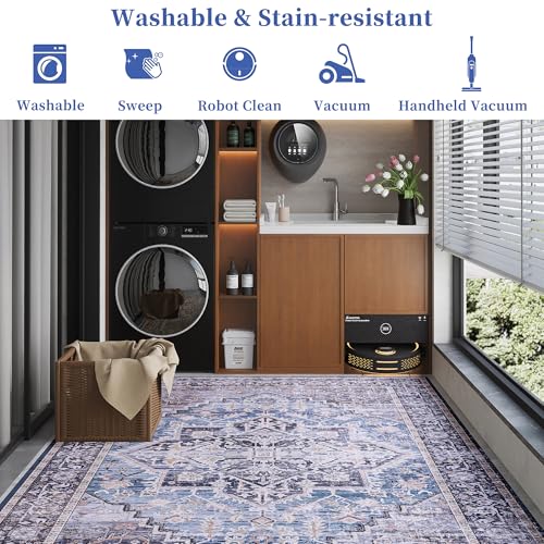 Vintage 9x12 Washable Area Rug, Low-Profile Large Area Rug with Non-Slip Backing & Durable Edge Binding, Pet-Friendly Carpet, Large Rug for Living Room, Bedroom & Dinning Room