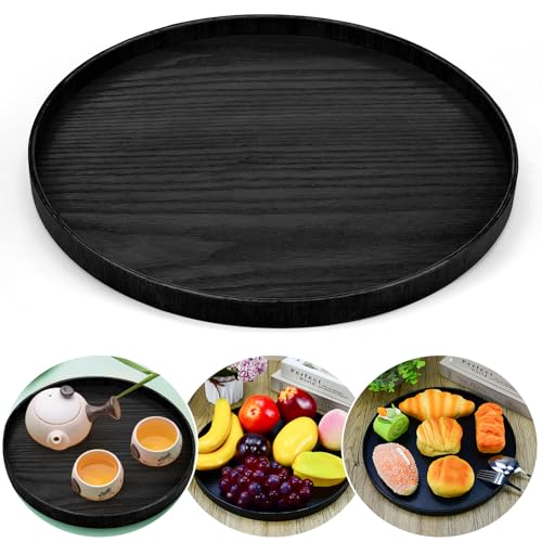 DTYGUIXE Rund Tablett 30CM Holz Dekotablett Serviertablett Deko Bambustablett Rund Serviertablett Esstablett Holztablett für Getränke, Kaffee, Fernbedienungen, Schlüsseln, Schmuck, Kosmetika (Schwarz)