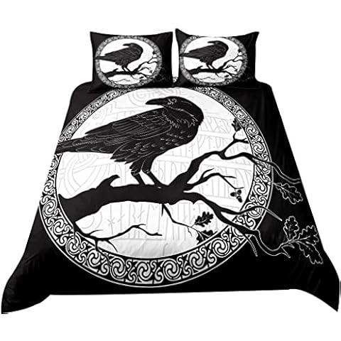 YCYR Norse Viking Raven Tree of Life Bedding Set, 3D Print Tattoos Crow on Branch Queen Bed Quilt Covers and Pillowcase for Bedchamber Comforter,Black,200 X 200 cm Cover