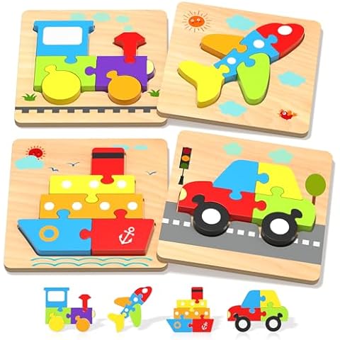 Wooden Puzzles Toddler Toys for 1 2 3 Years Old Boys Girls, 4 Vehicle Shape Learning Educational Blocks Birthday Gifts Sensory Toys Montessori Toys Age 1-3, 2-4 Cover