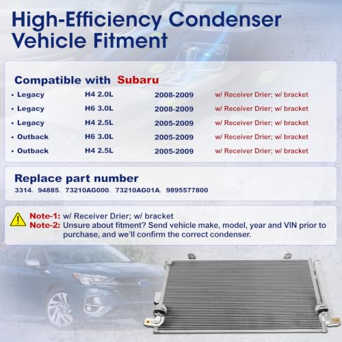 Image of Air Conditioning A /C Condenser Compatible with Subaru Legacy Outback # 3314, 94885, 73210AG000, 73210AG01A, 9895577800
