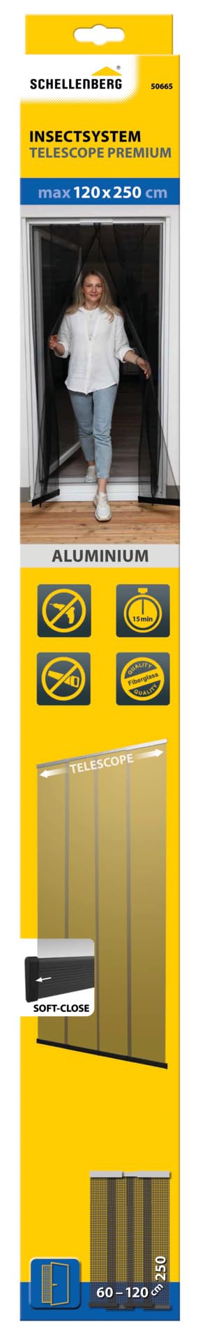 Schellenberg Insektenschutz Teleskopvorhang PREMIUM, 120 x 250 cm, Anthrazit, inkl. Klettband, für Balkon- und Terrassentüren, individuell anpassbar, 50665