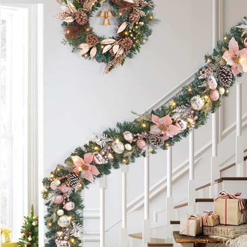 GarveeHome 6ft Prelit Christmas Garland for Mantle, Battery Operated Xmas Garland with 20 LED Lights Timer Rose Gold Balls for Fireplace Stair Railing TV Stand Indoor Outdoor Holiday Decor
