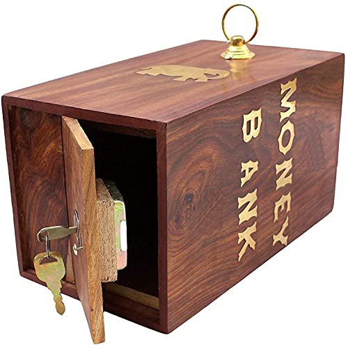 Image of Money Bank - Big Size Master Size Large Piggy Bank Wooden 30 x 15 cm for Kids and Adults (Brown) (14 x 14 x 30 cm Big Size, Brown)