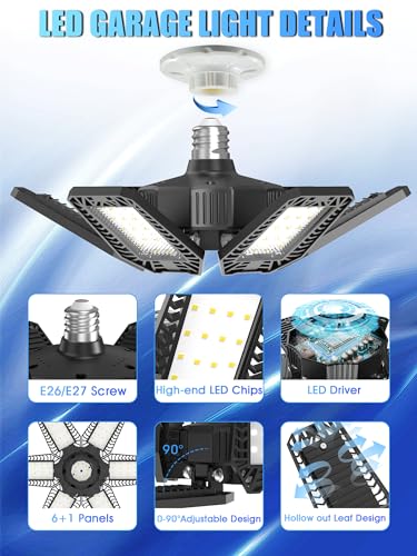 Image of 4 Pack LED Garage Lights - 180W 18000LM LED Garage Lights with 6 Adjustable Panels Daylight 6500K Deformable Bulb Garage E26 /E27 LED Shop Light for Garage Lighting