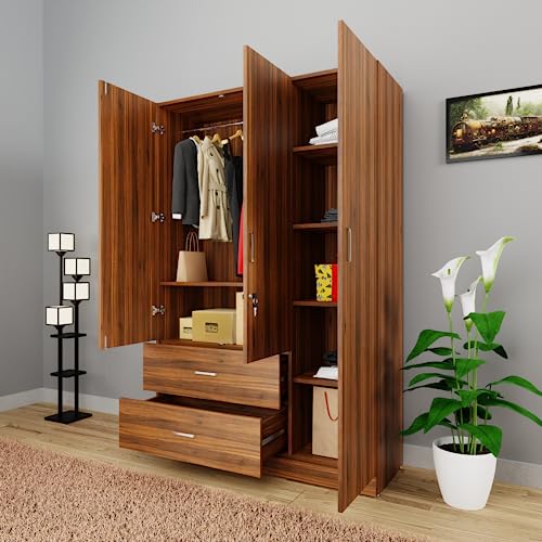 Image of VIKI Wardrobe | Wooden Almirah for Clothes,Door for Bedroom, 3 Door Wardrobe with Drawer & Hanging Space (Brussel Walnut - 40D x 120W x 180H) | 1 Year Warranty | Free Assembly