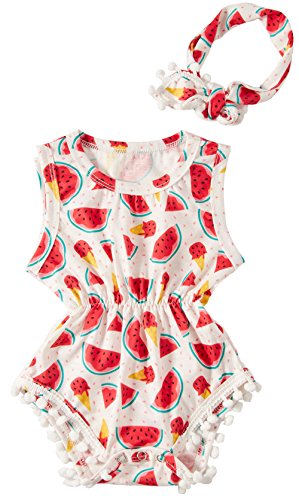 Image of Leapparel Baby Girl Short Sleeve Romper Button Ice Cream Jumpsuit Floral Playsuit Printing Rompers ,Watermelon,3-6Months (Size 80)