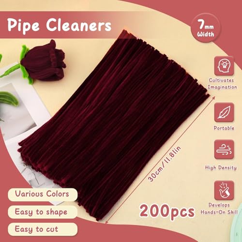 Image of Mnuizu 200Pcs Pipe Cleaners Bulk Craft Supplies Chenille Stems Pipe Cleaner | Pipecleaners Crafts Supplies for Flower Making, DIY Art Crafts, Festival Decorations, Wine Red