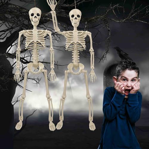 Image of 36 inch Skeleton Halloween Decorations, 3ft Life Size Human Skeleton with Full Body Movable Posable Joints Skeleton, Halloween Skeletons with 20 Spiders for Yard Haunted House Props Indoor Outdoor Decor
