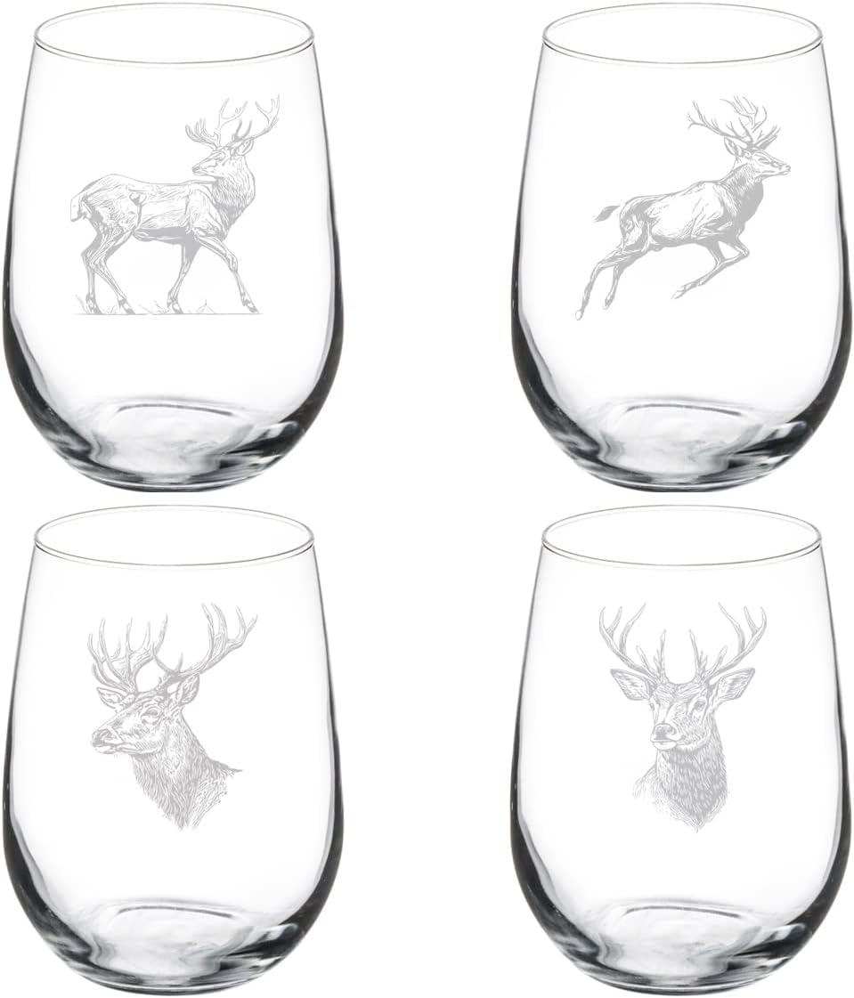 MIP Set of 4 Wine Glass Gift Goblet Deer Collection (17 oz Stemless)