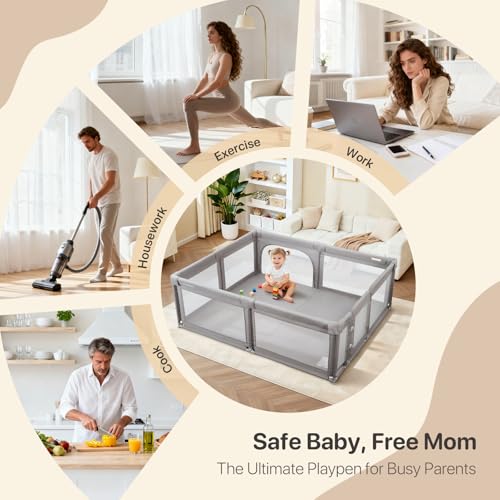 Image of Baby Playpen,Extra Large Playpen for Babies and Toddlers, Sturdy Play Pen Play Yard with Safety Gate,79 inchx59 inchBaby Play Pen(Cationic Light Grey)